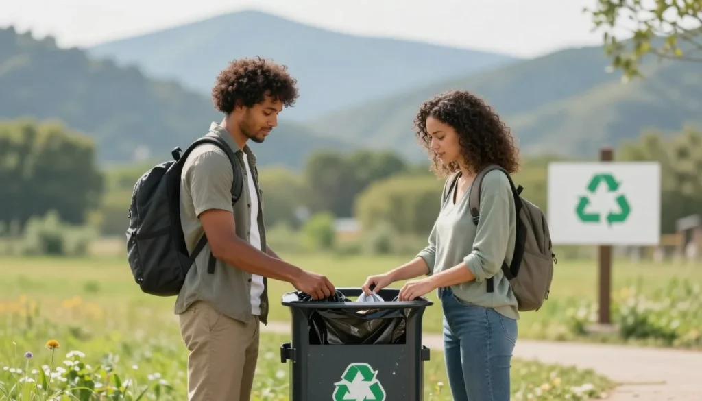 Hikers properly disposing trash in trail receptacle at Steele Creek Park
