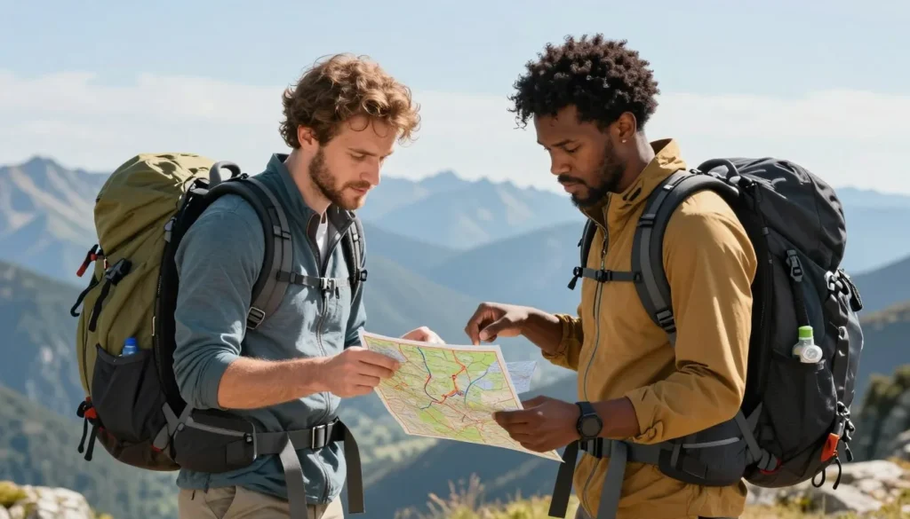 Hikers studying trail map at scenic mountain overlook