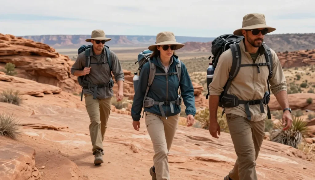 Hikers wearing proper sun protection on desert trail Hikers wearing proper sun protection on desert trail