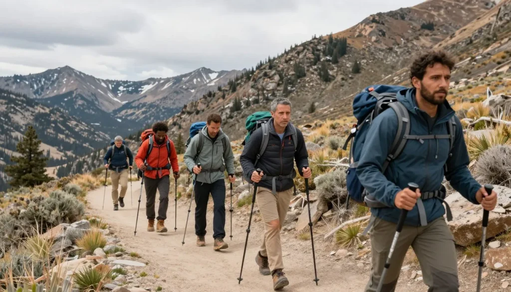 Hikers with proper gear on Great Basin mountain trail Hikers with proper gear on Great Basin mountain trail