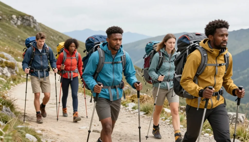 Hikers with proper safety gear and equipment on mountain trail in Tennessee