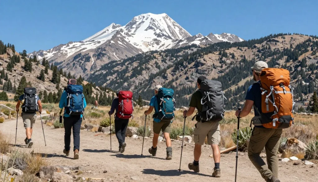 Hikers with proper safety gear in mountain environment Hikers with proper safety gear in mountain environment