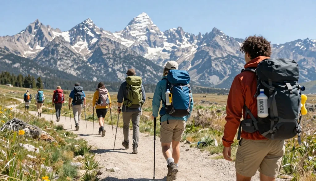 Hikers with safety gear on Medicine Bow Mountains trail