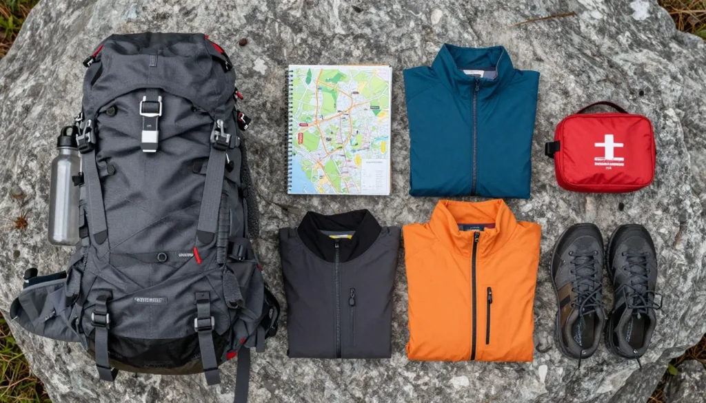 Hiking backpack with organized gear laid out for Nevada mountain trip