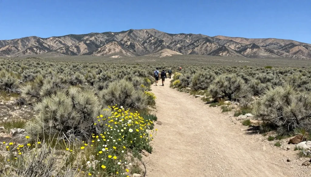Hiking trail through Nevada desert with wildflowers and mountain views