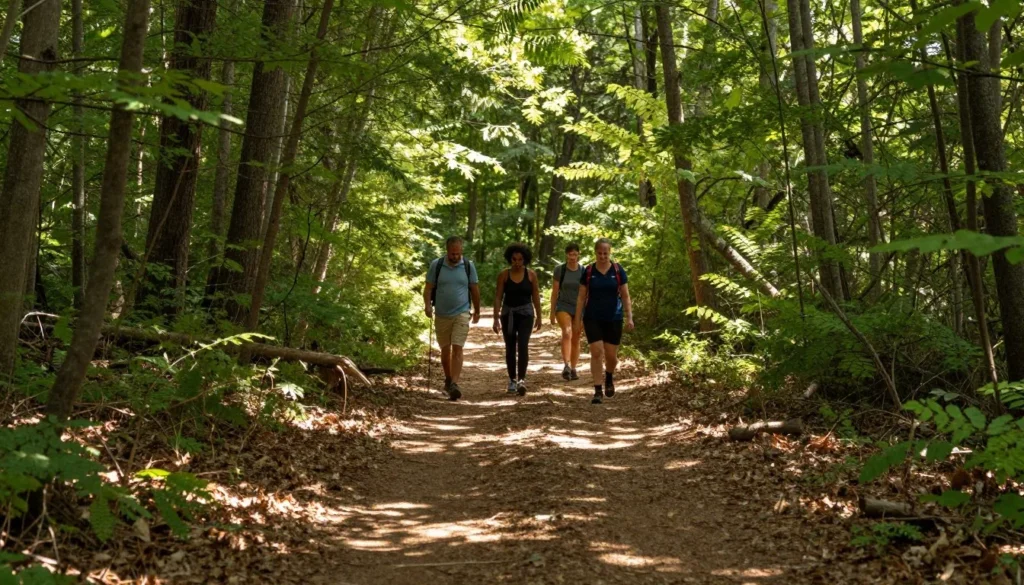 Hiking trail through forest at Steele Creek Park with diverse group of hikers