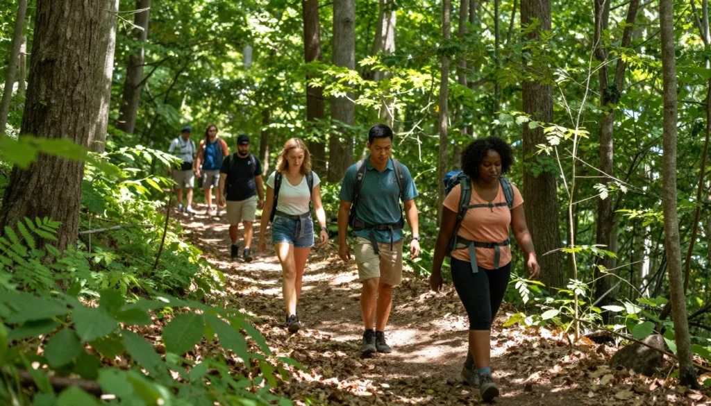 Hiking trail through forest near Cherokee Lake Tennessee with diverse hikers
