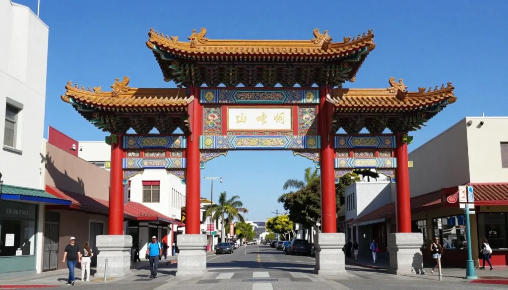 Historic Chinese gateway entrance to Chinatown Los Angeles with traditional architecture Historic Chinese gateway entrance to Chinatown Los Angeles with traditional architecture