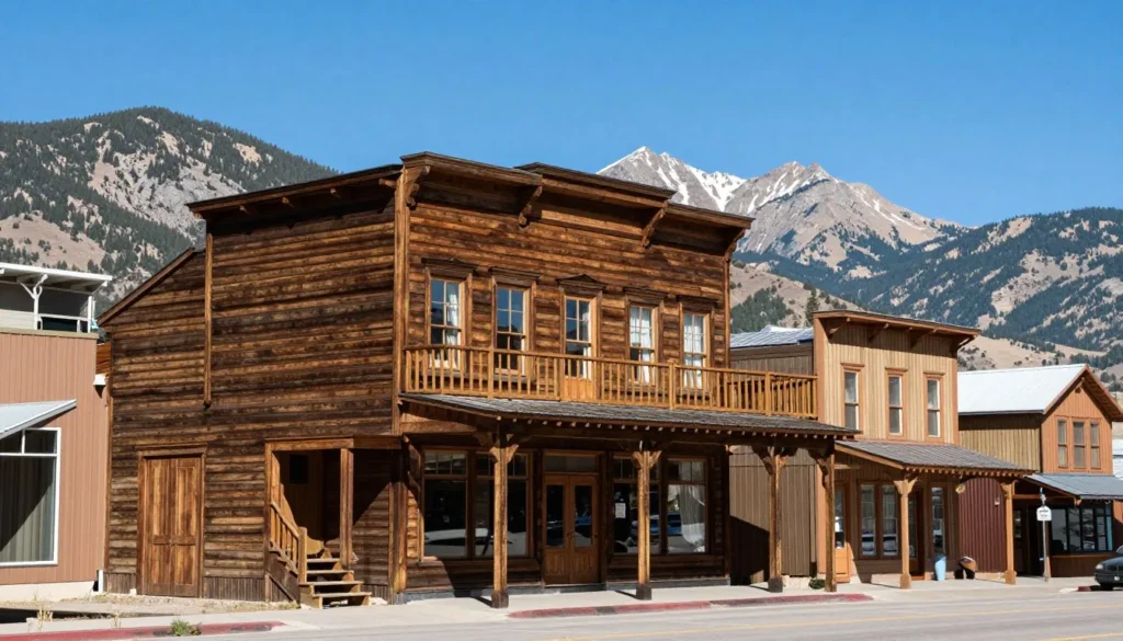Historic Colorado mining town building with mountain backdrop