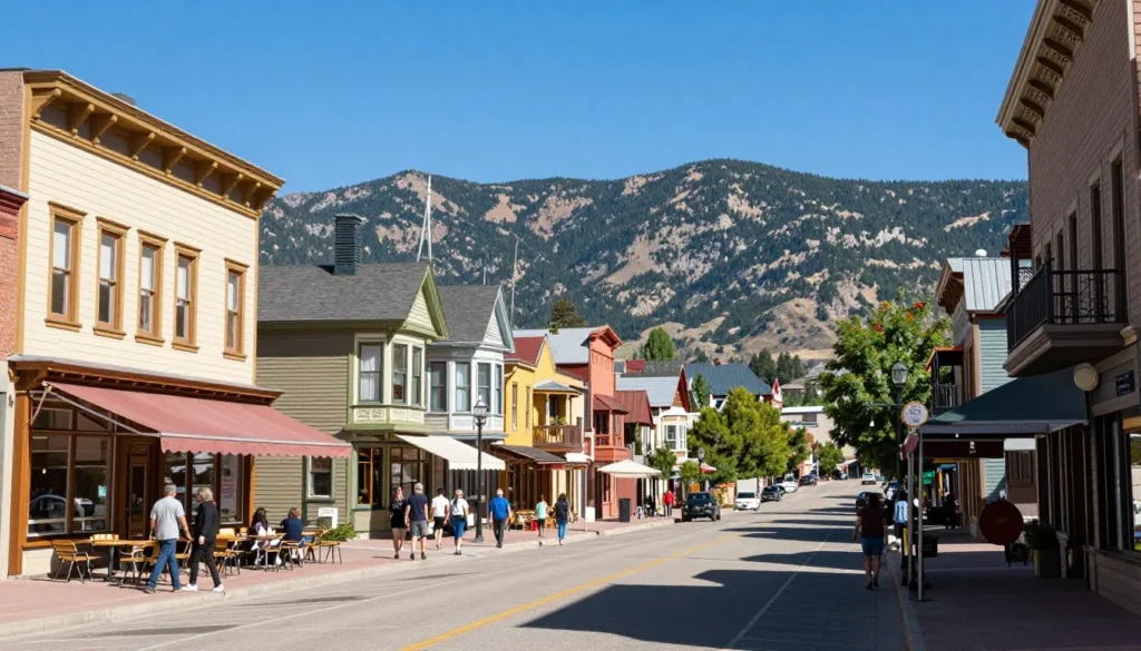 Historic Colorado mountain town main street with Victorian buildings