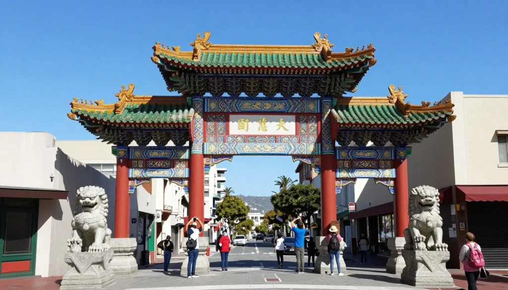 Historic Dragon Gate entrance to Chinatown San Francisco with traditional Chinese guardian lions on a sunny day Historic Dragon Gate entrance to Chinatown San Francisco with traditional Chinese guardian lions on a sunny day