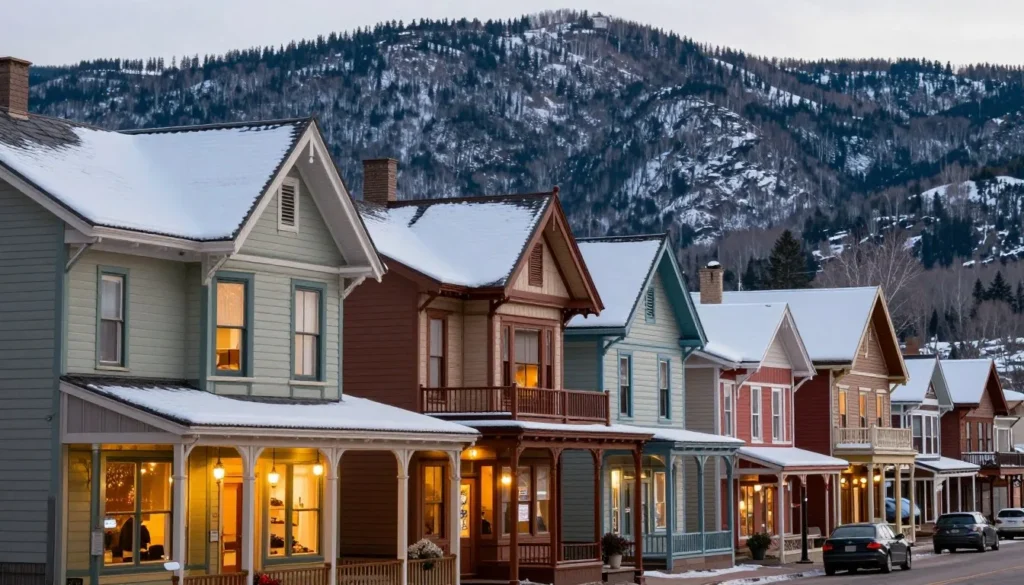 Historic Georgetown Colorado Victorian buildings in winter snow Historic Georgetown Colorado Victorian buildings in winter snow
