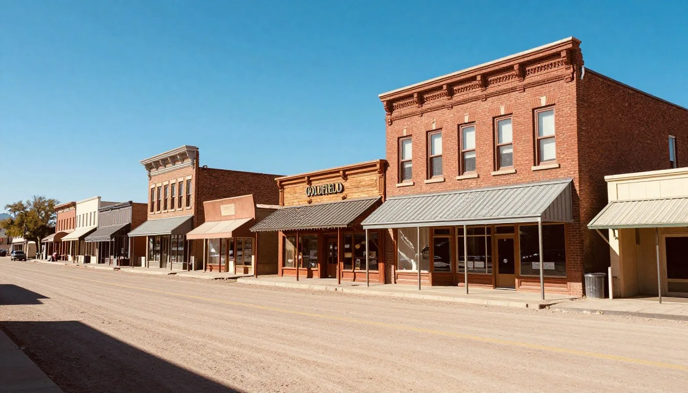 Historic-Goldfield-Nevada-main-street-with-preserved-early-1900s-buildings-under-clear-blue-sky Historic Goldfield Nevada main street with preserved early 1900s buildings under clear blue sky