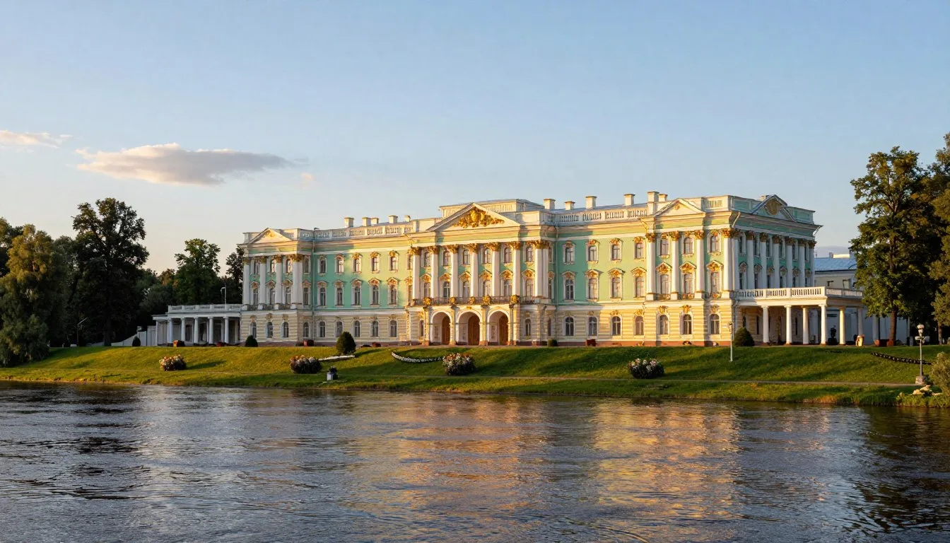 Historic Imperial Travel Palace overlooking Volga River in Tver Oblast during golden hour