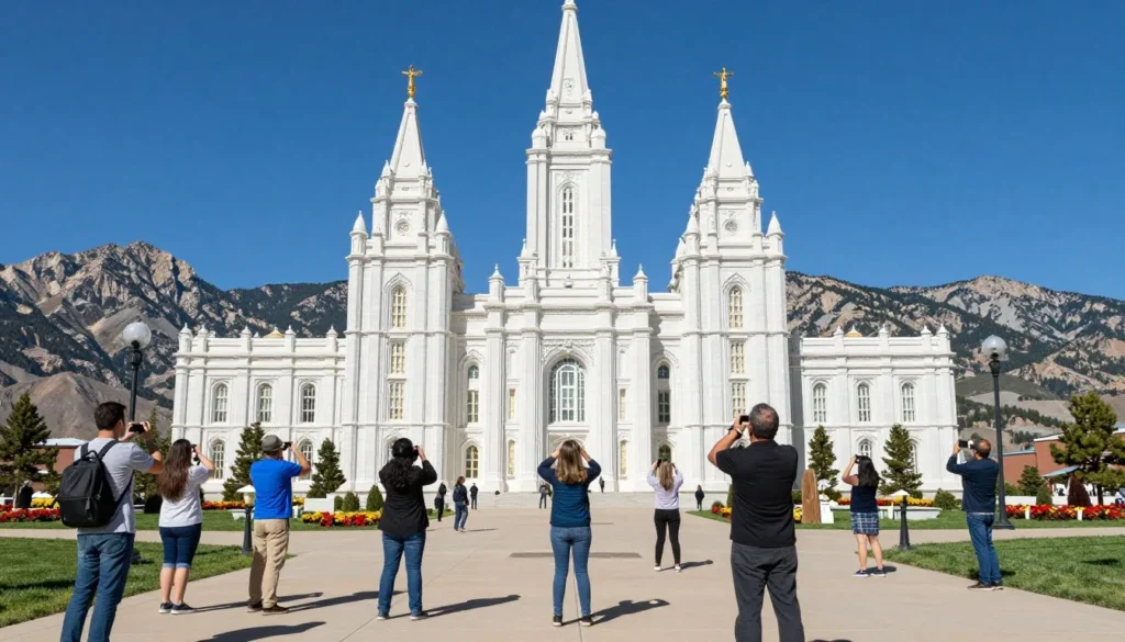 Historic Logan Temple with diverse tourists photographing the limestone architecture