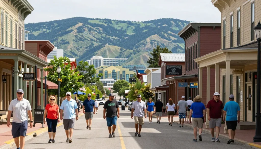 Historic Main Street Logan with diverse shoppers strolling past Victorian buildings