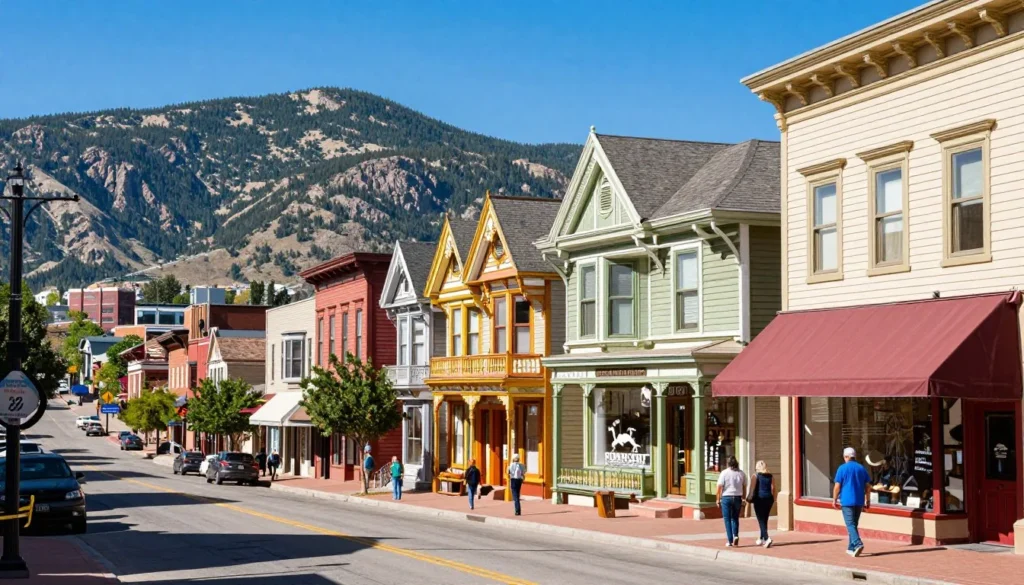 Historic Manitou Springs downtown street with mountain backdrop and colorful buildings Historic Manitou Springs downtown street with mountain backdrop and colorful buildings