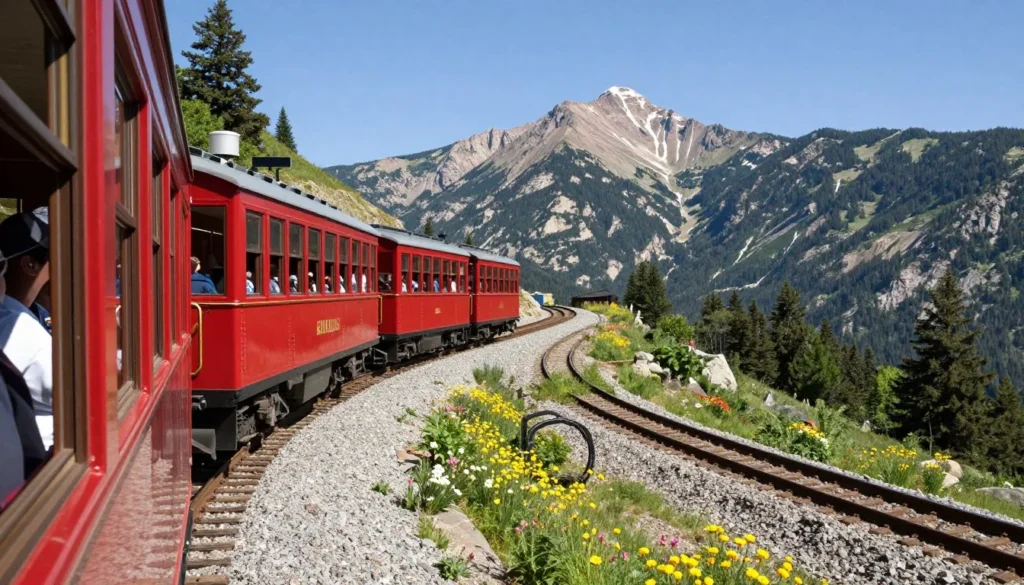 Historic Pikes Peak Cog Railway train climbing mountain tracks with scenic mountain views Historic Pikes Peak Cog Railway train climbing mountain tracks with scenic mountain views