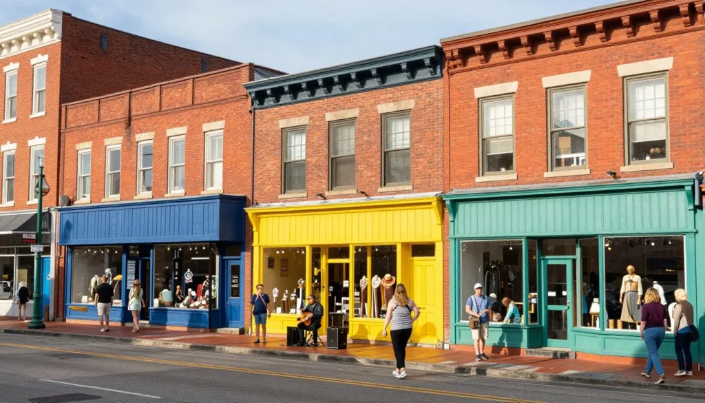 Historic State Street in Bristol Tennessee with colorful storefronts and pedestrians