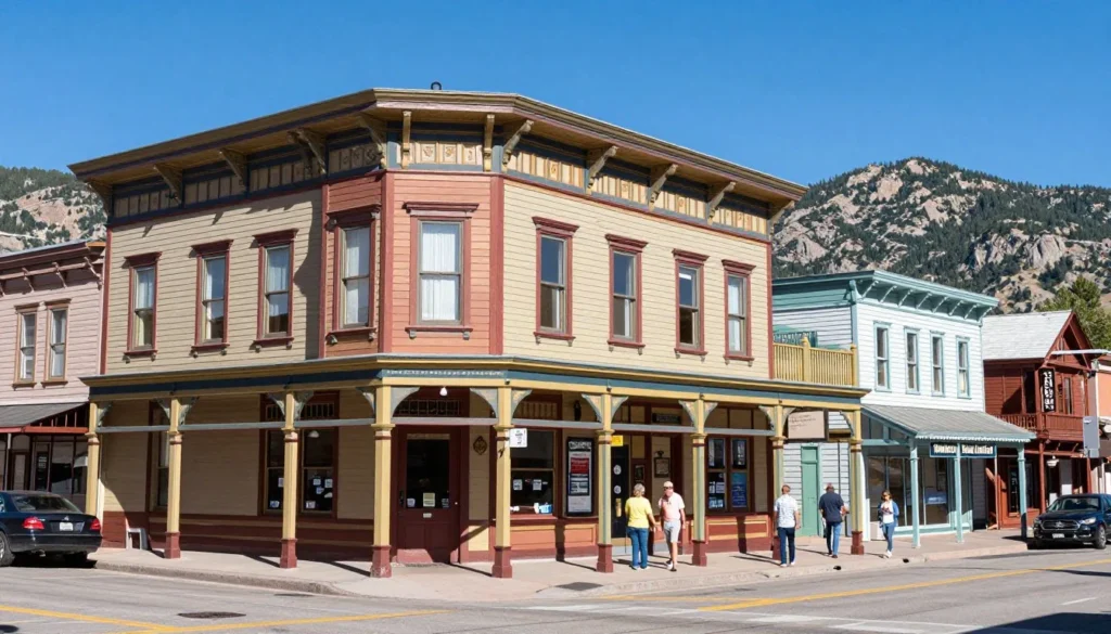 Historic Victorian-style hotel in Silverton with mountain backdrop and tourists walking along the main street on a sunny day