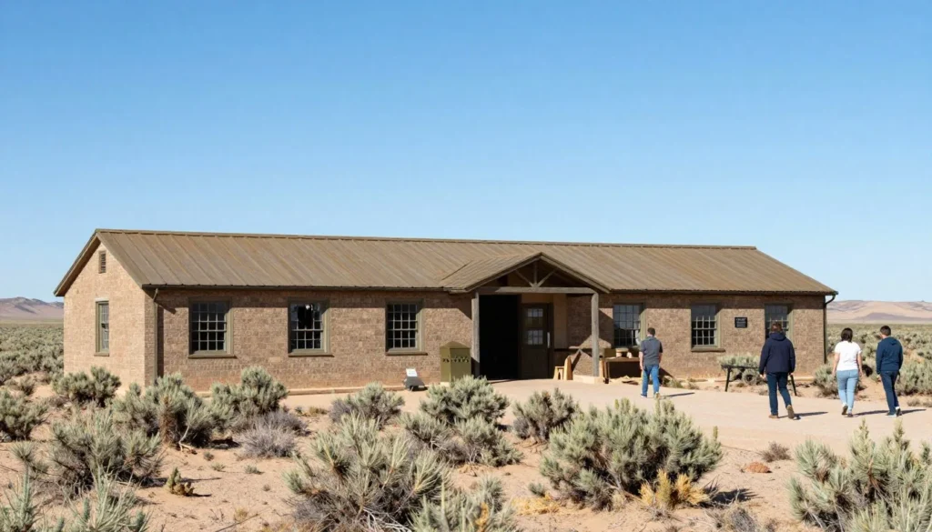 Historic Wendover Airfield building with desert landscape