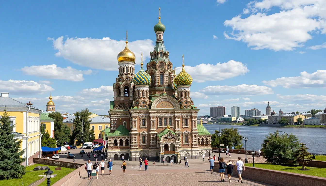 Historic architecture in Yaroslavl Oblast with colorful church domes along the Volga River