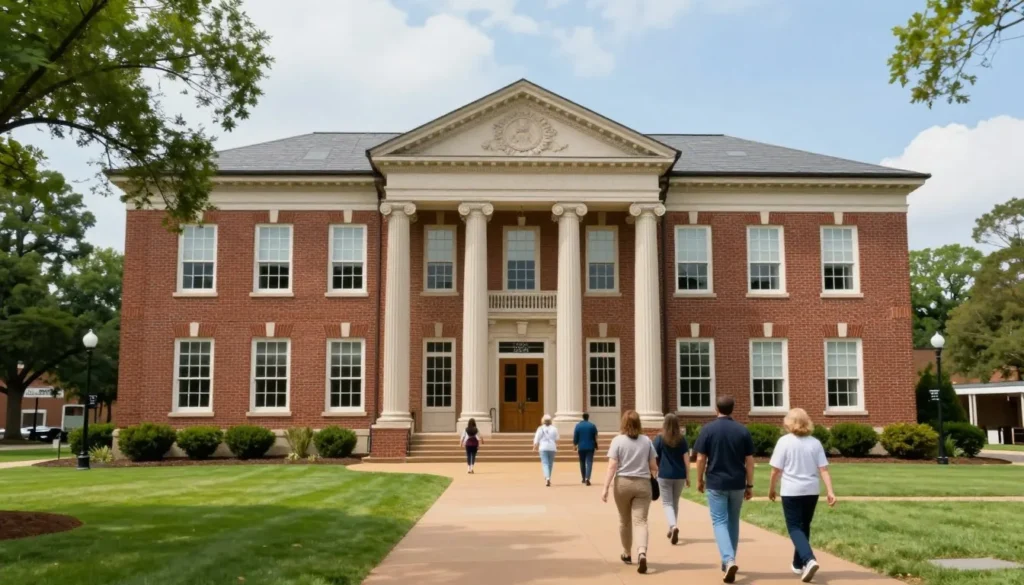 Historic building museum exterior with visitors entering
