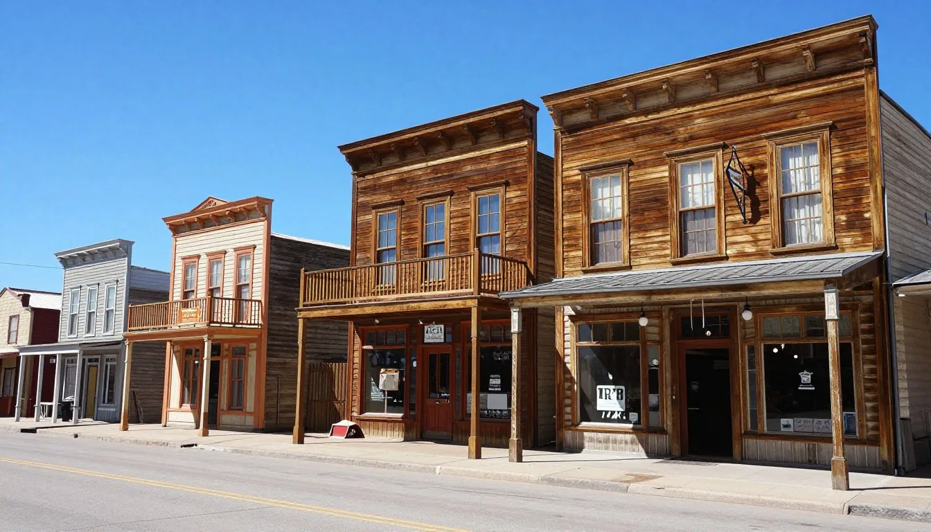 Historic buildings and wooden boardwalks in Pioche Historic District Nevada under clear blue skies