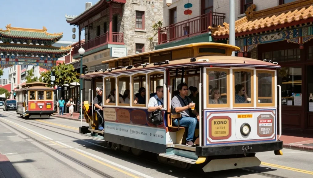 Historic cable car traveling on California Street with Chinatown buildings and diverse passengers visible Historic cable car traveling on California Street with Chinatown buildings and diverse passengers visible
