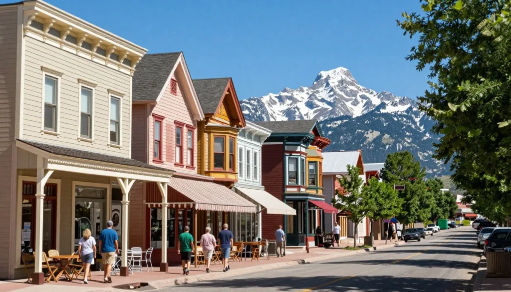 Historic downtown Manitou Springs street with Victorian buildings and mountain backdrop Historic downtown Manitou Springs street with Victorian buildings and mountain backdrop