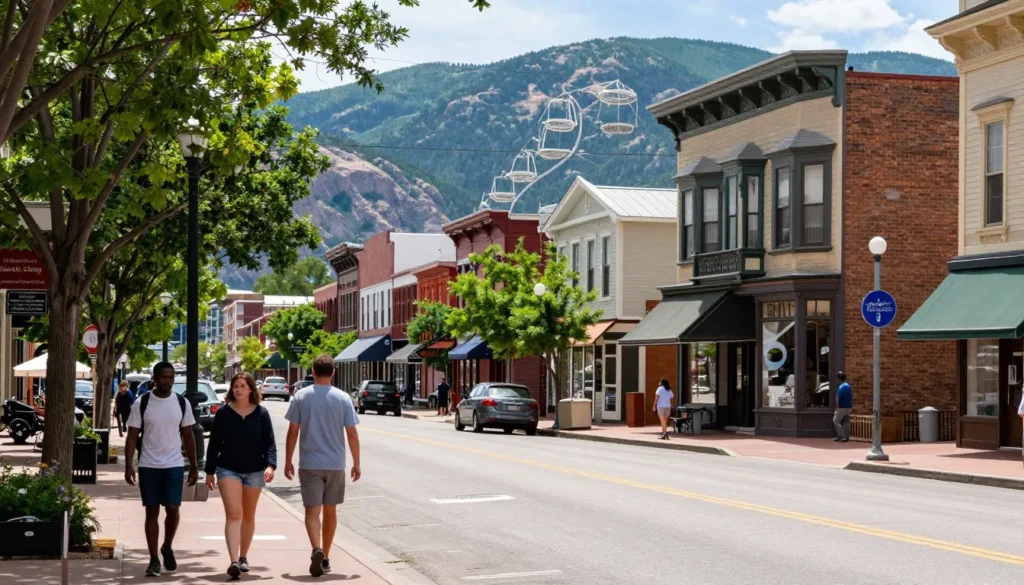 Historic downtown Manitou Springs with colorful Victorian buildings and mountain backdrop Historic downtown Manitou Springs with colorful Victorian buildings and mountain backdrop