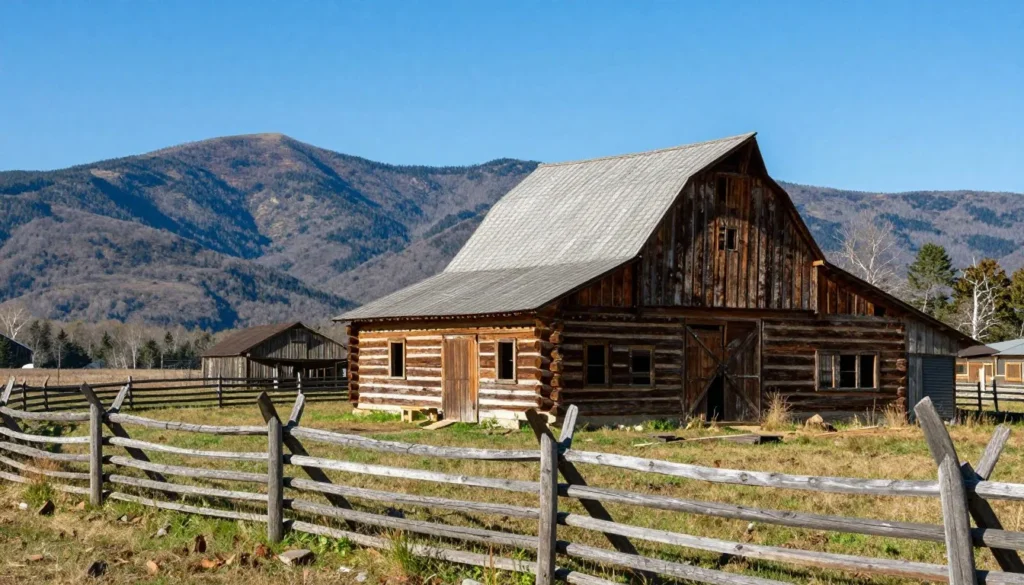 Historic log cabin and barn in Cades Cove with split-rail fence and mountain backdrop Historic log cabin and barn in Cades Cove with split-rail fence and mountain backdrop