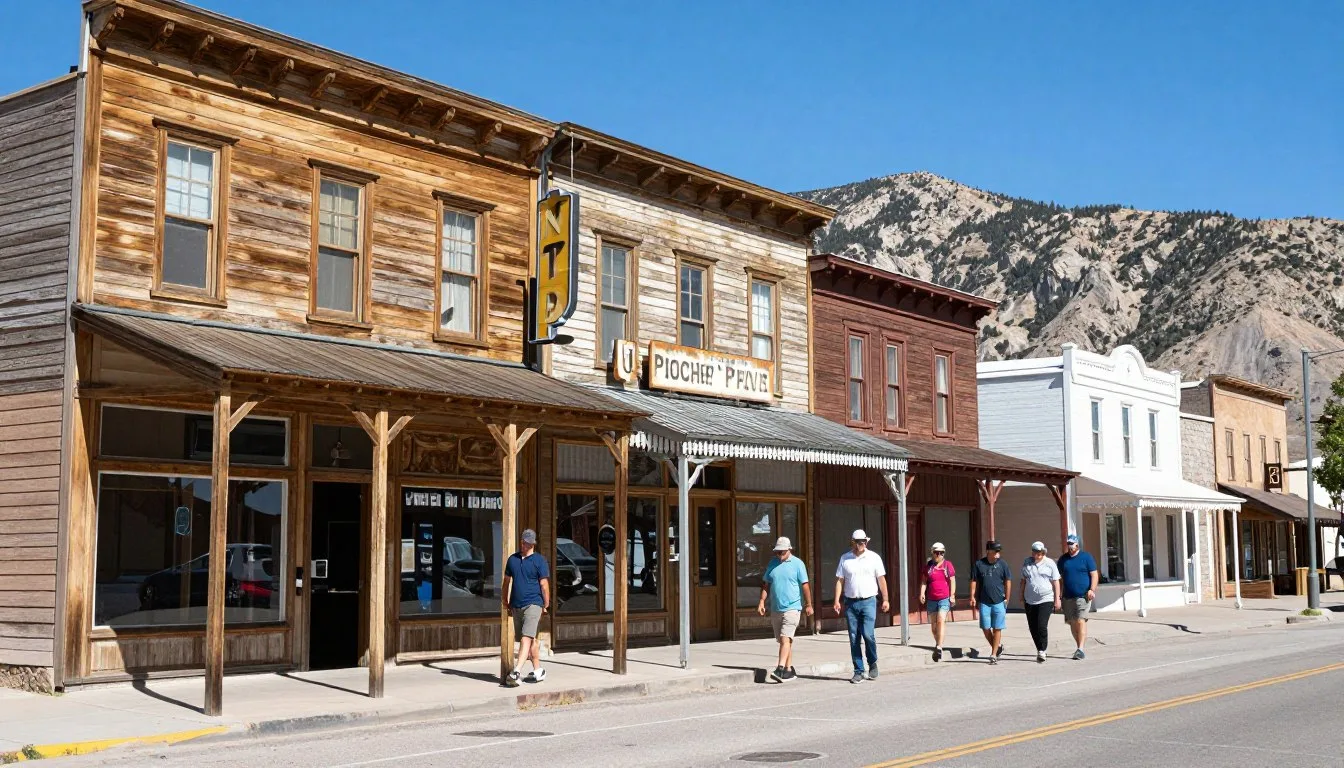 Historic main street of Pioche Nevada with vintage buildings under clear blue sky