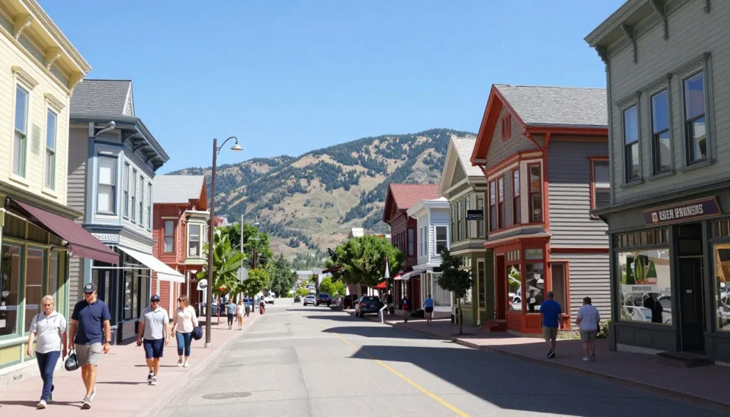 Historic main street of Silverton Colorado with Victorian buildings, diverse tourists, and mountain peaks visible in background on sunny day