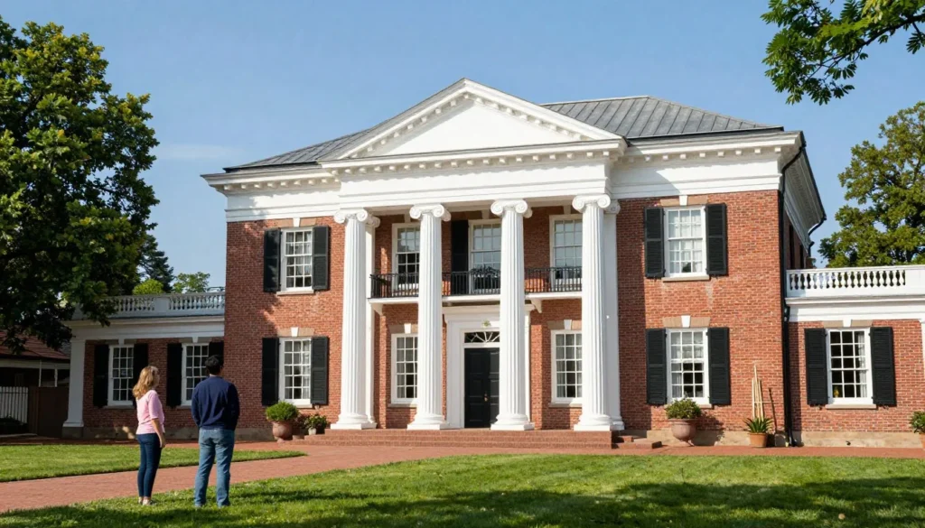 Historic mansion at Andrew Jackson Hermitage with white columns and red brick