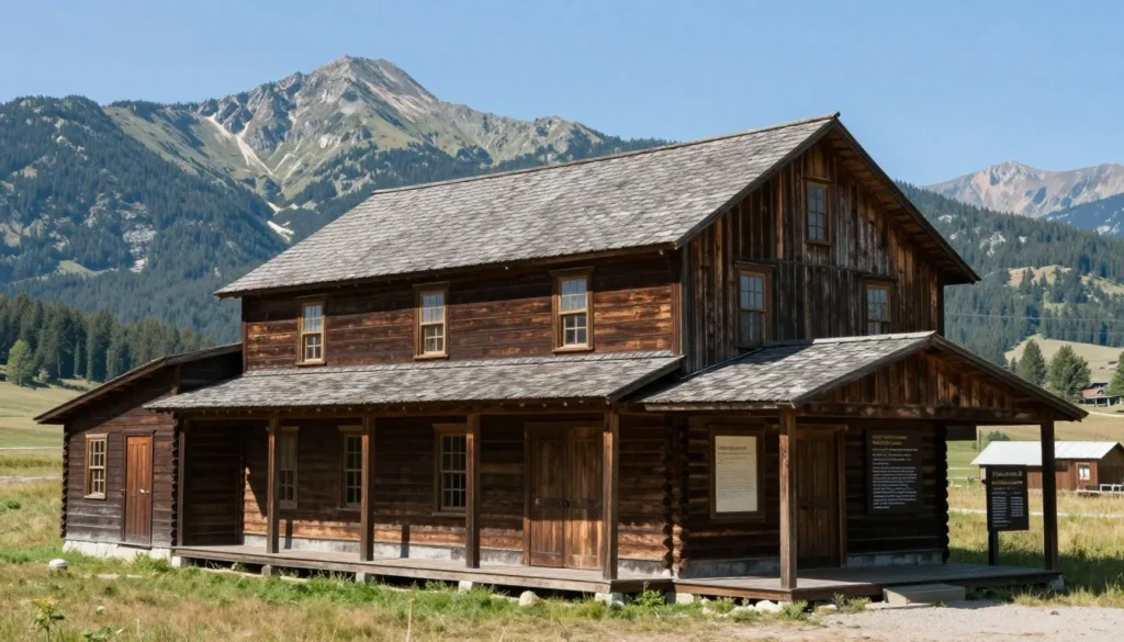 Historic mining building museum with mountain backdrop