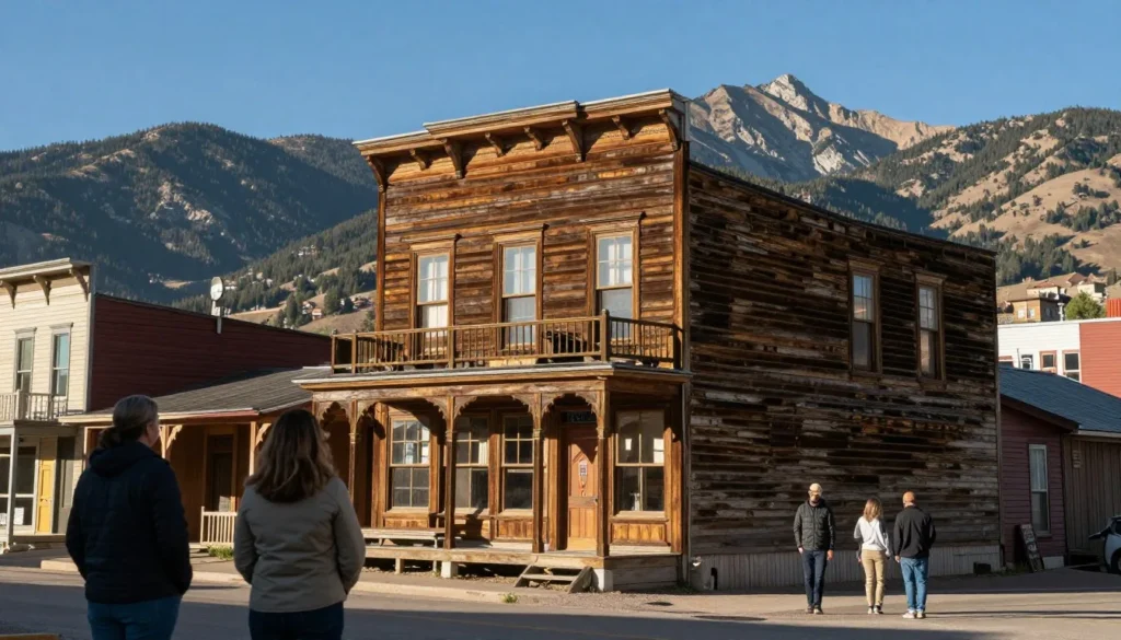 Historic mining building preserved as museum with mountain backdrop Historic mining building preserved as museum with mountain backdrop