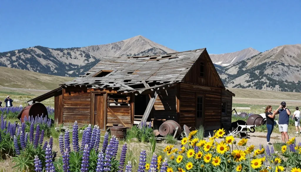 Historic mining cabin ruins with mountain wildflowers and peaks