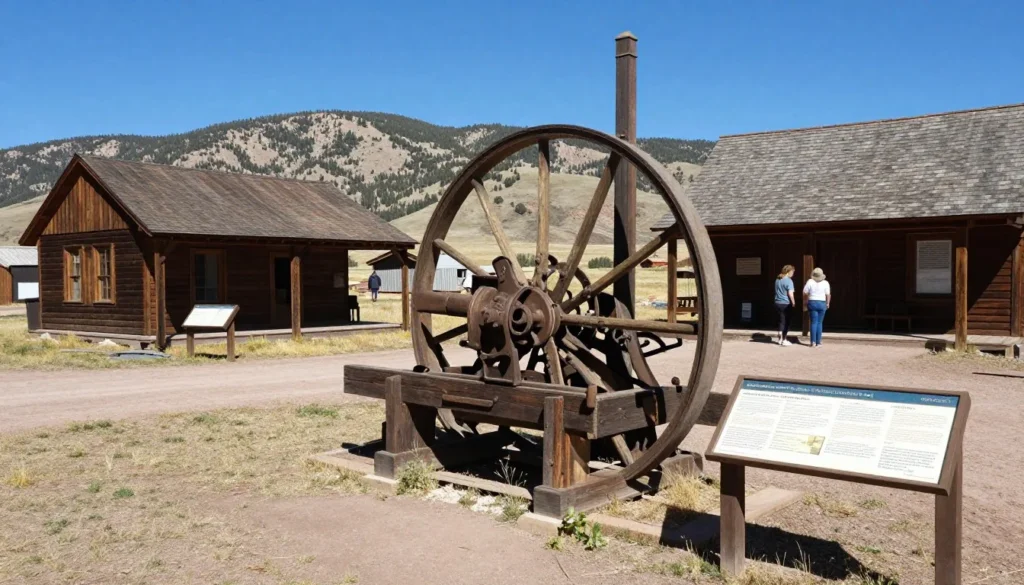 Historic mining equipment display at outdoor museum with mountain backdrop