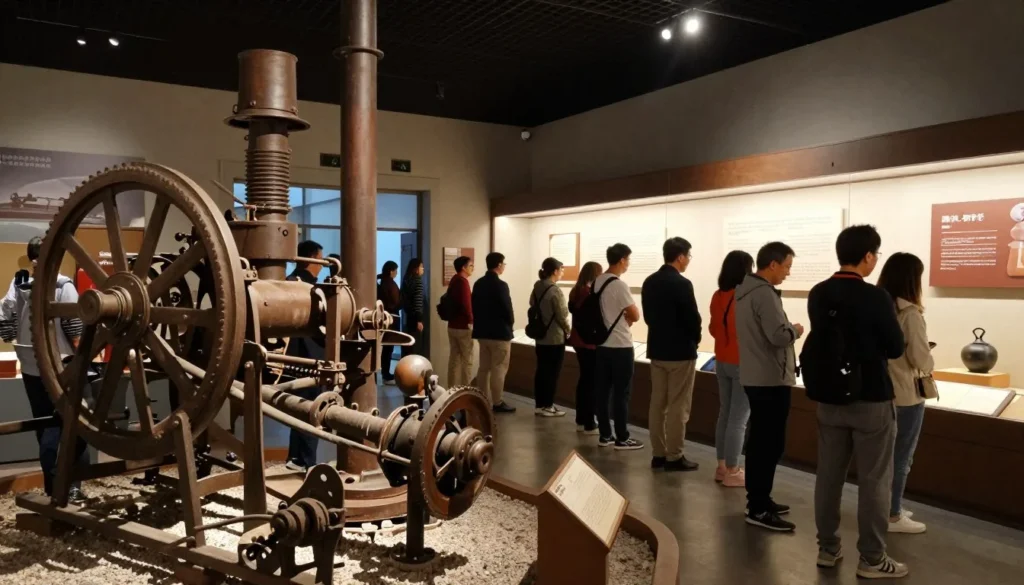 Historic mining museum interior with diverse visitors examining exhibits