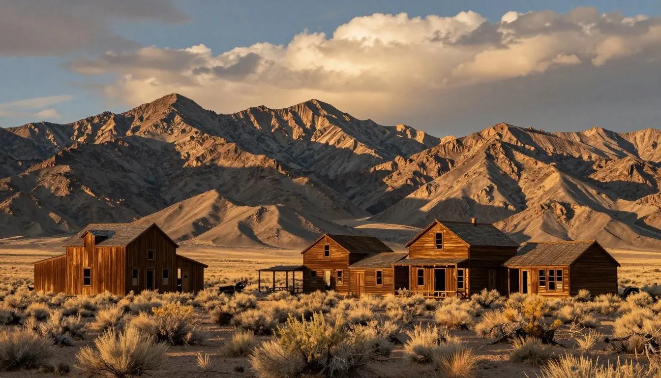 Historic mining structures in Reese River Valley with Shoshone Mountains backdrop at golden hour