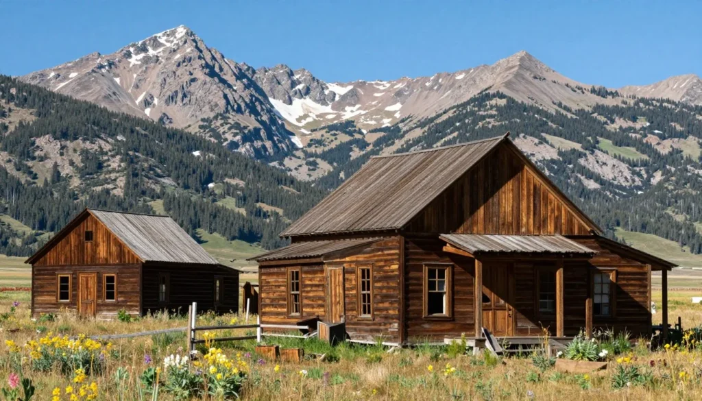 Historic mining structures in mountain setting