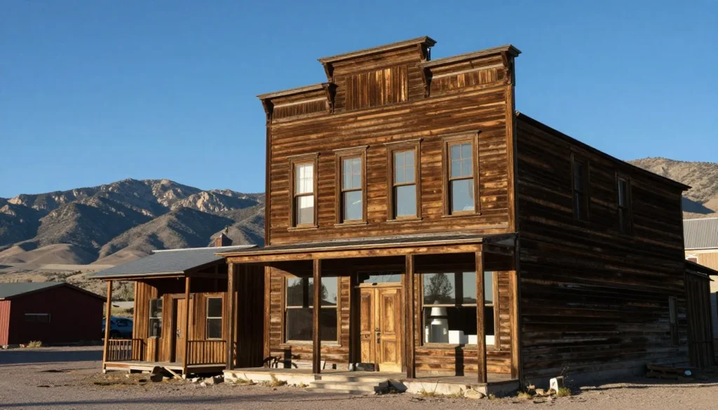 Historic mining town building facade in Nevada with mountain backdrop