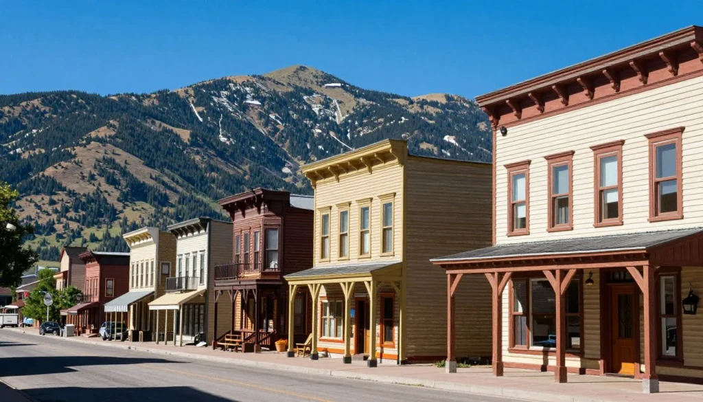 Historic mining town buildings with mountain backdrop