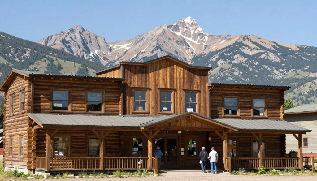 Historic mountain building exterior with informational displays visible through windows Historic mountain building exterior with informational displays visible through windows