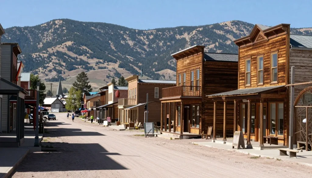 Historic mountain mining town with preserved buildings and mountain backdrop