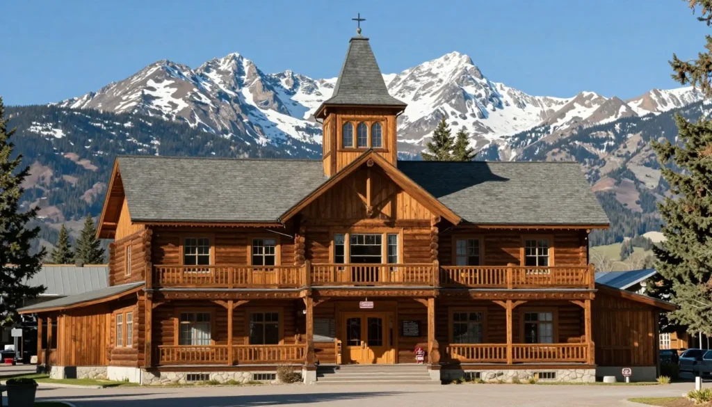 Historic mountain museum exterior with Never Summer Mountains backdrop