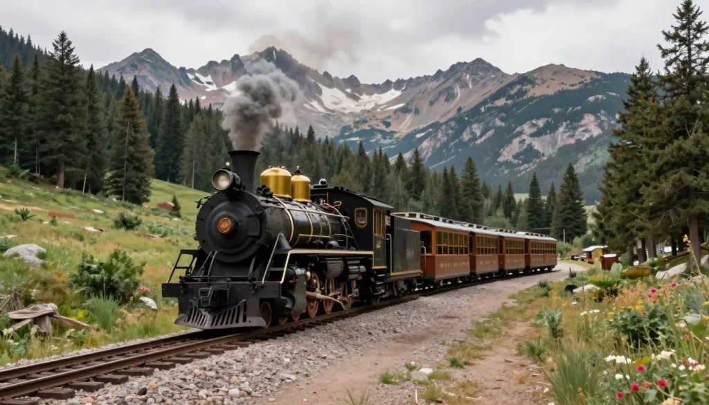 Historic narrow gauge train traveling through Colorado mountains Historic narrow gauge train traveling through Colorado mountains