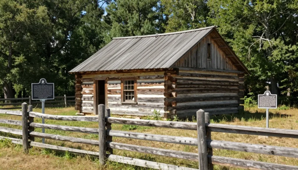 Historic pioneer cabin with split rail fence in forest clearing