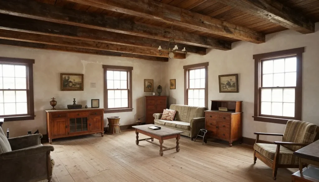 Historic pioneer-era building interior showing preserved period details Historic pioneer-era building interior showing preserved period details